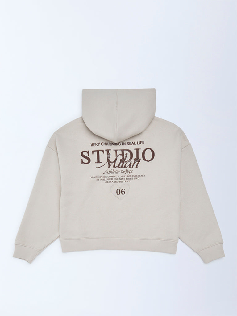 Y&F Kids Girls Beige Typographic Cotton-Blend Hoodie