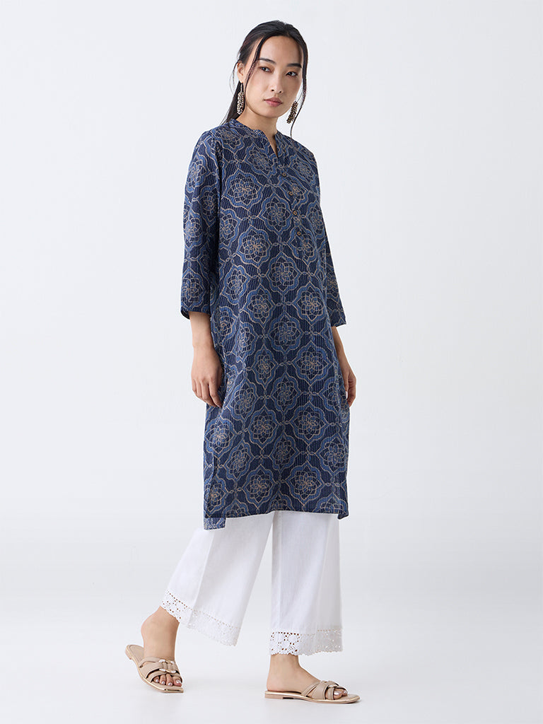 Utsa Indigo Geometric Pattern Cotton-Blend Straight Kurta
