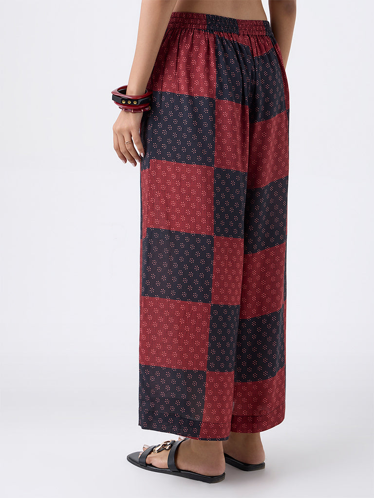 Utsa Red Grid Printed Palazzos
