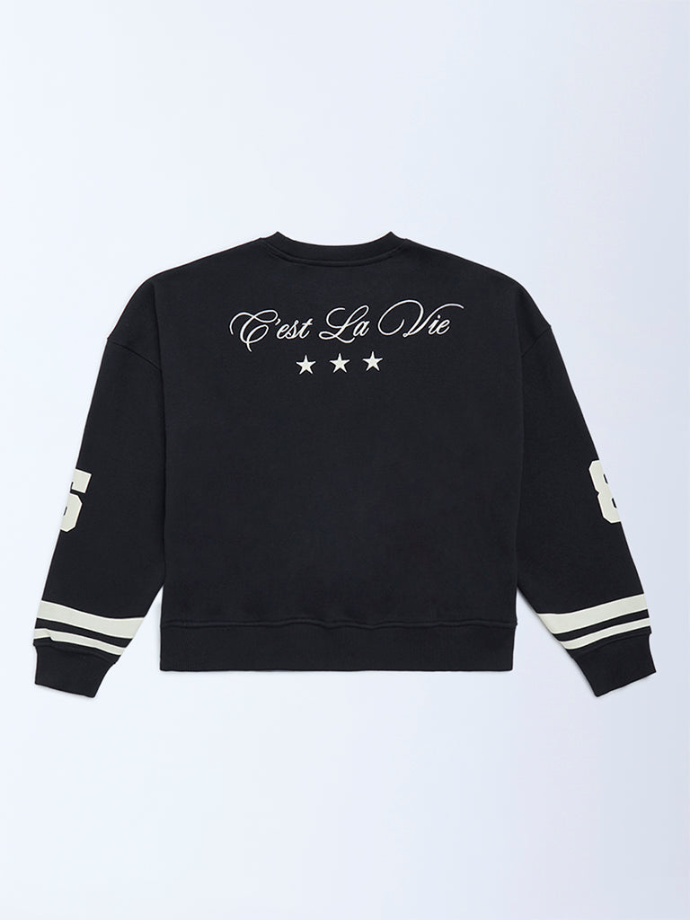 Y&F Kids Girls Black Text Design Cotton-Blend Sweatshirt