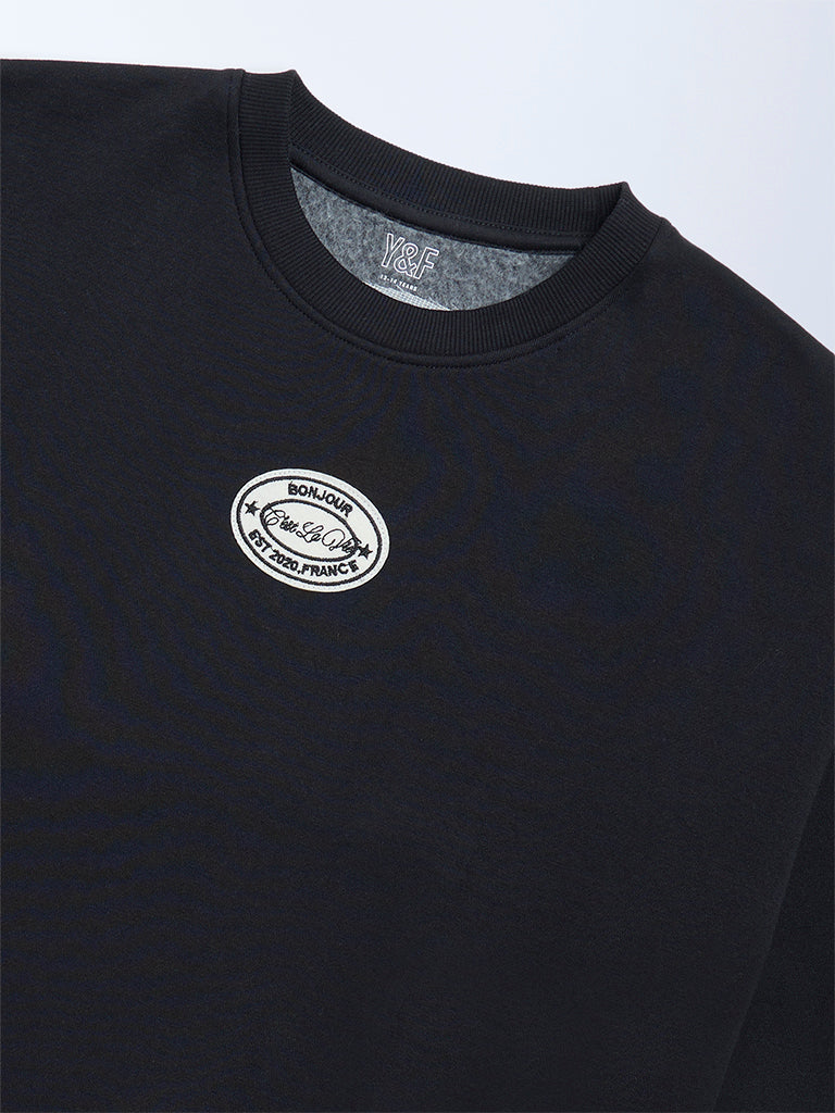 Y&F Kids Girls Black Text Design Cotton-Blend Sweatshirt