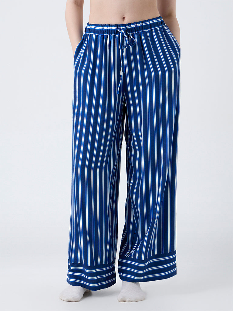 Wunderlove Dark Blue Striped High-Rise Cotton Blend Pants