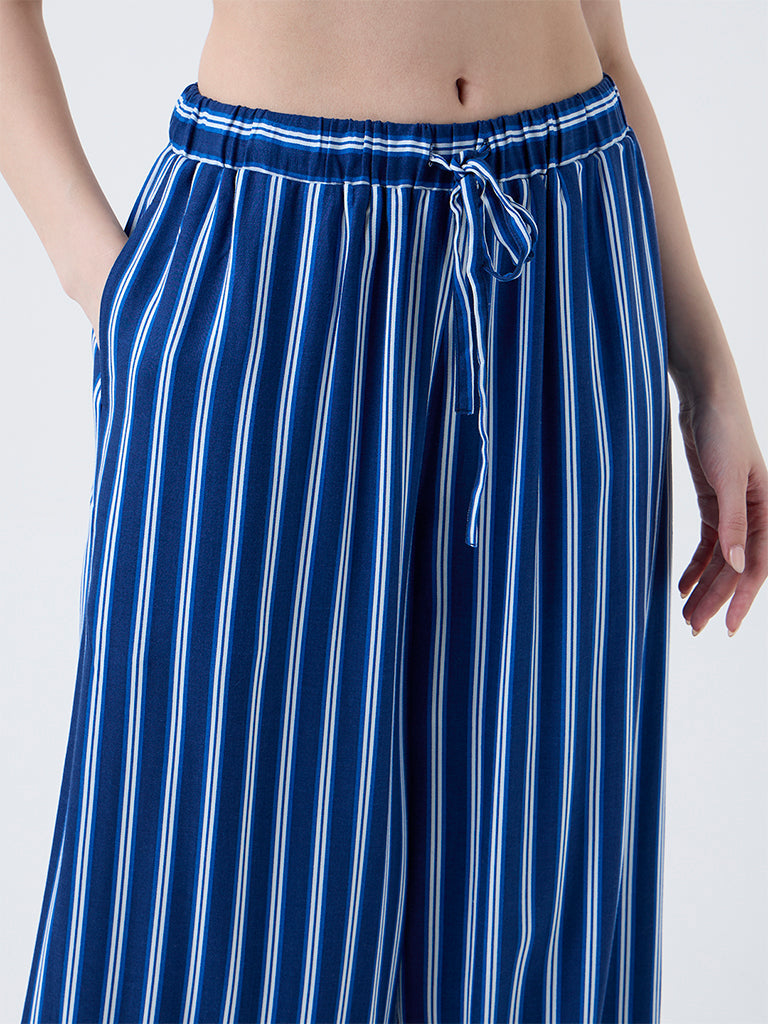 Wunderlove Dark Blue Striped High-Rise Cotton Blend Pants