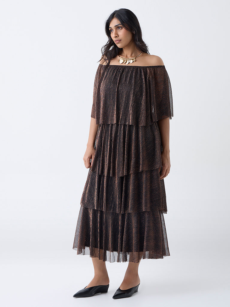 Gia Black Metallic Ruffle A-Line Dress