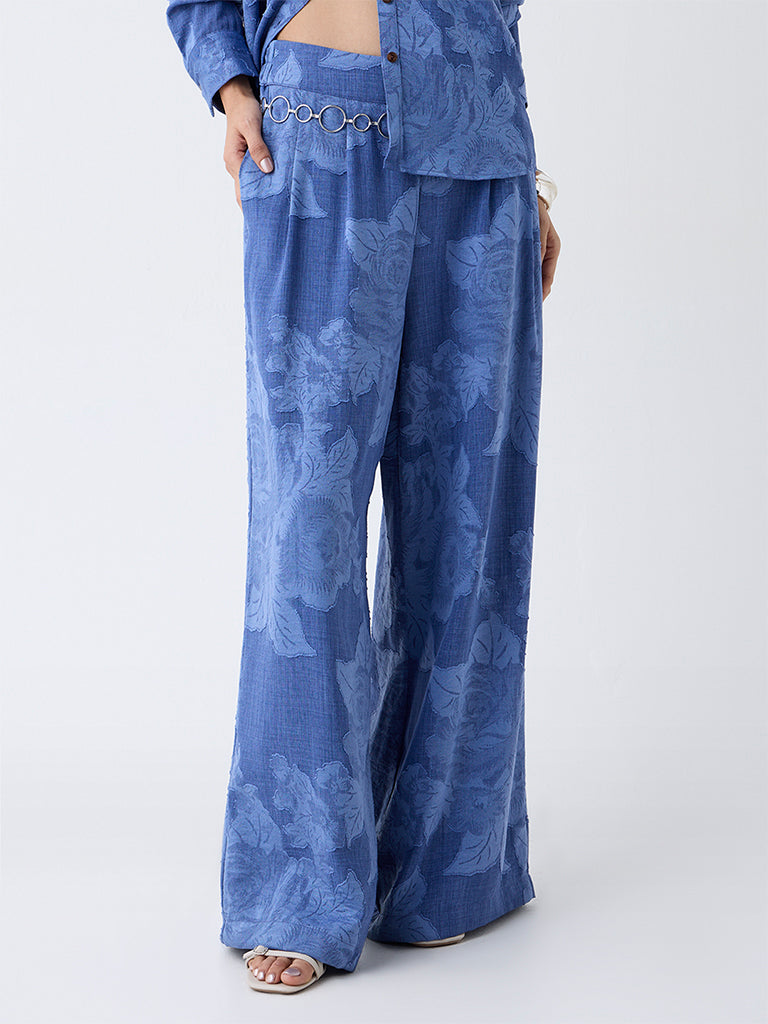 LOV Blue Floral Detailed High-Rise Flared Pants