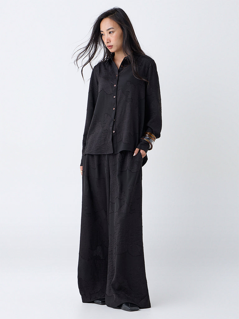 LOV Black Floral Design High-Rise Trousers