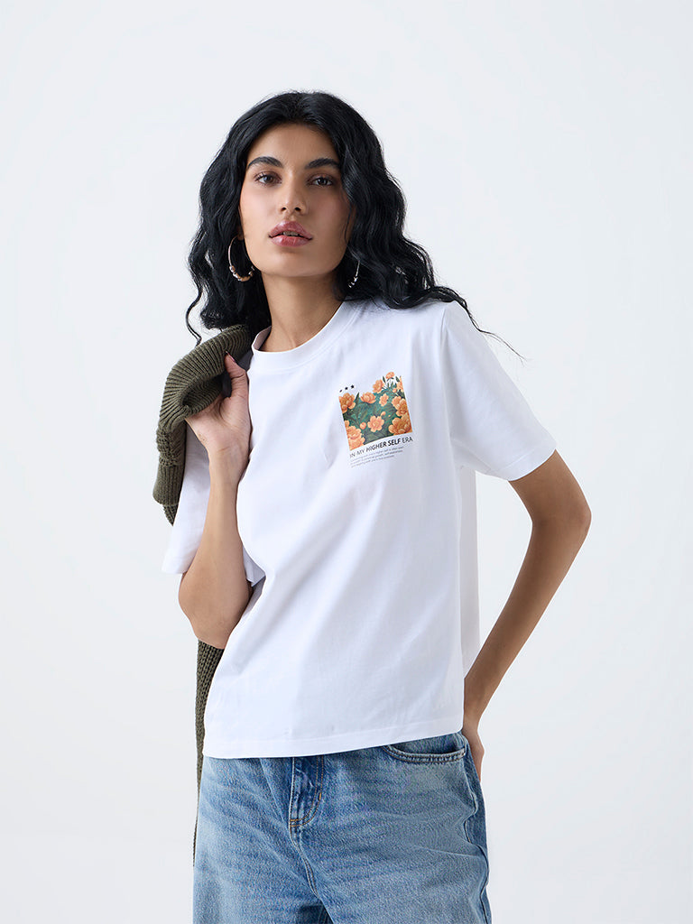 Nuon White Printed Cotton T-Shirt