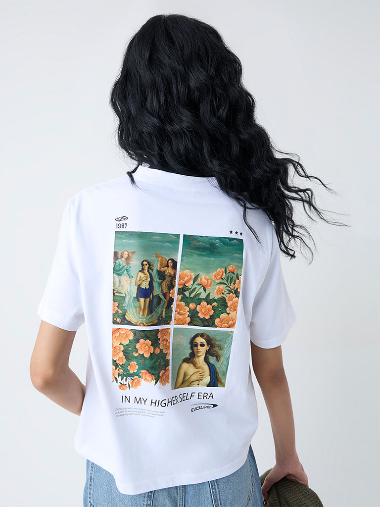 Nuon White Printed Cotton T-Shirt