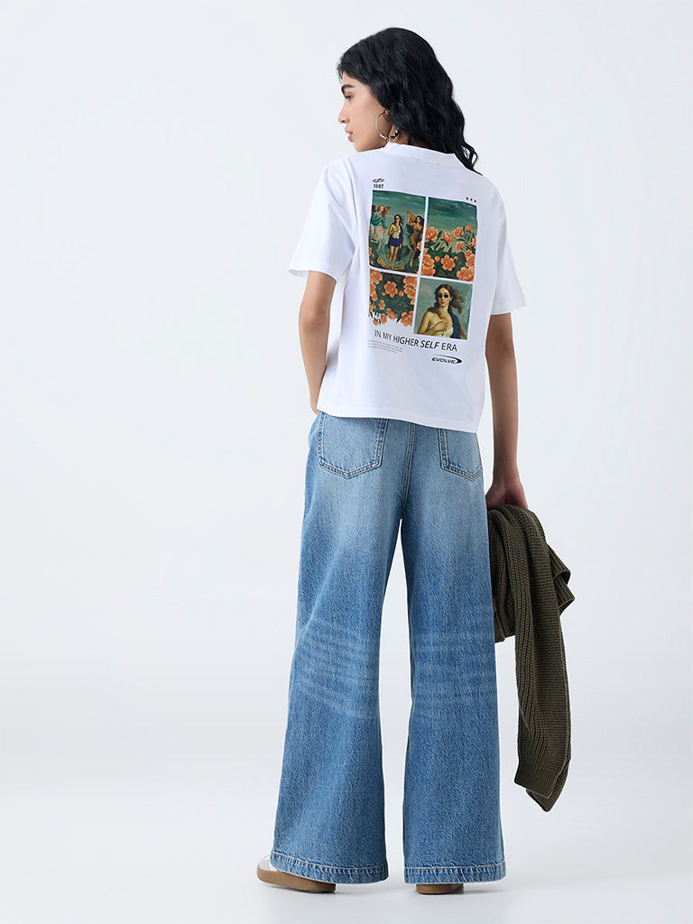 Nuon White Printed Cotton T-Shirt