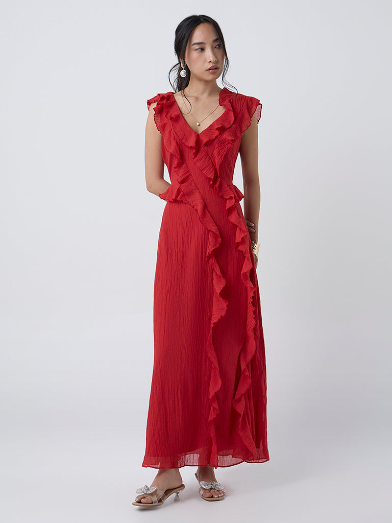 LOV Red Ruffle Detailed A-Line Cotton Dress