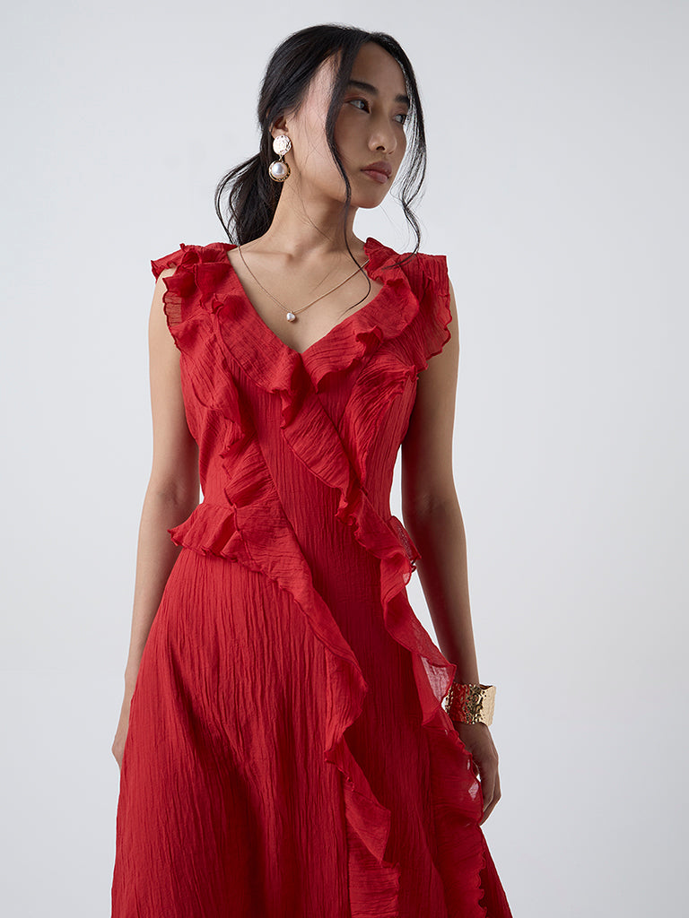 LOV Red Ruffle Detailed A-Line Cotton Dress