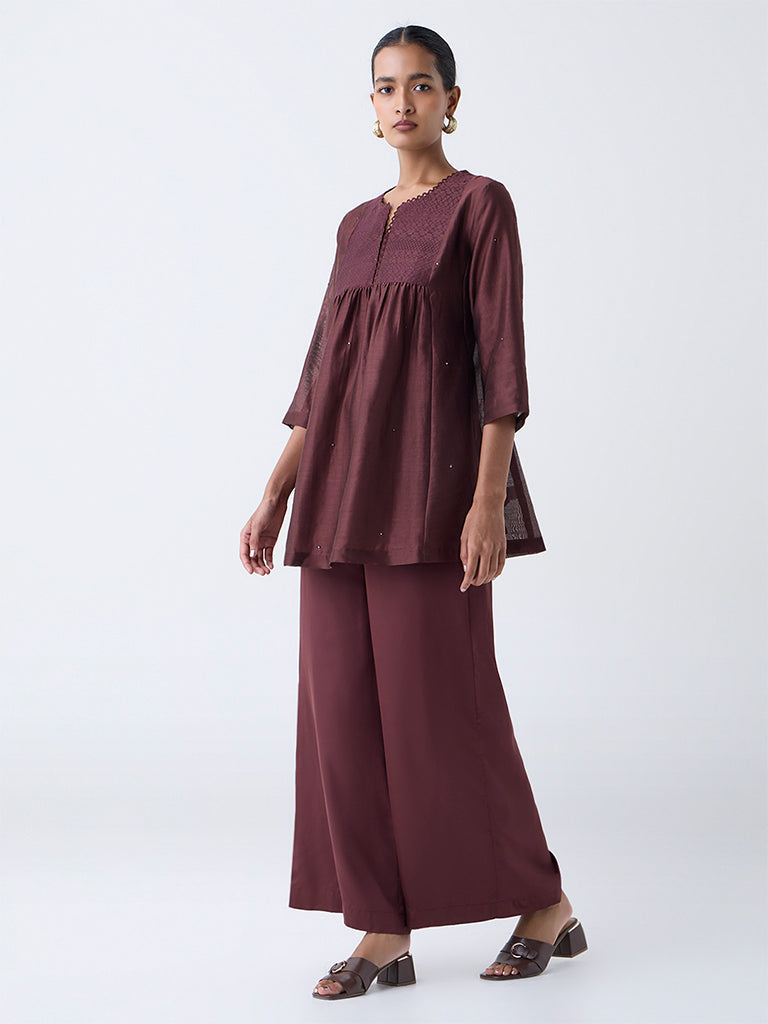 Zuba Brown Embroidered Cotton-Blend Tunic with Inner