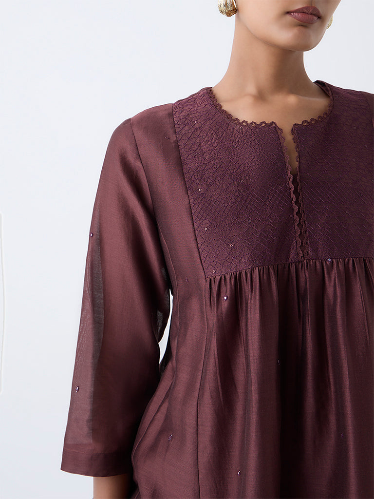 Zuba Brown Embroidered Cotton-Blend Tunic with Inner