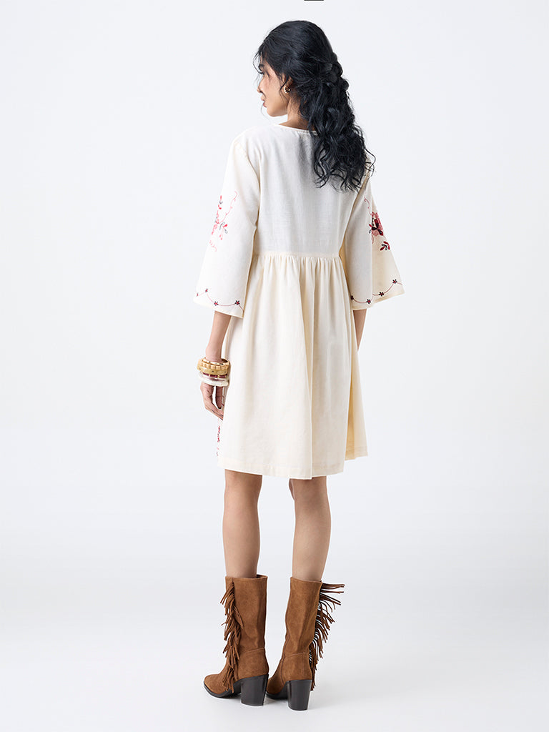 Bombay Paisley Off-White Cotton-Blend A-Line Dress