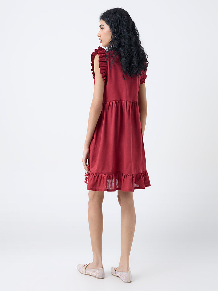 Bombay Paisley Maroon Embroidered Cotton-Blend A-Line Dress