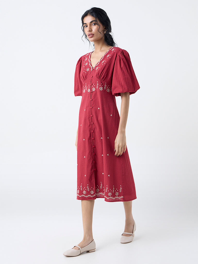 Bombay Paisley Red Embroidered Cotton A-Line Dress