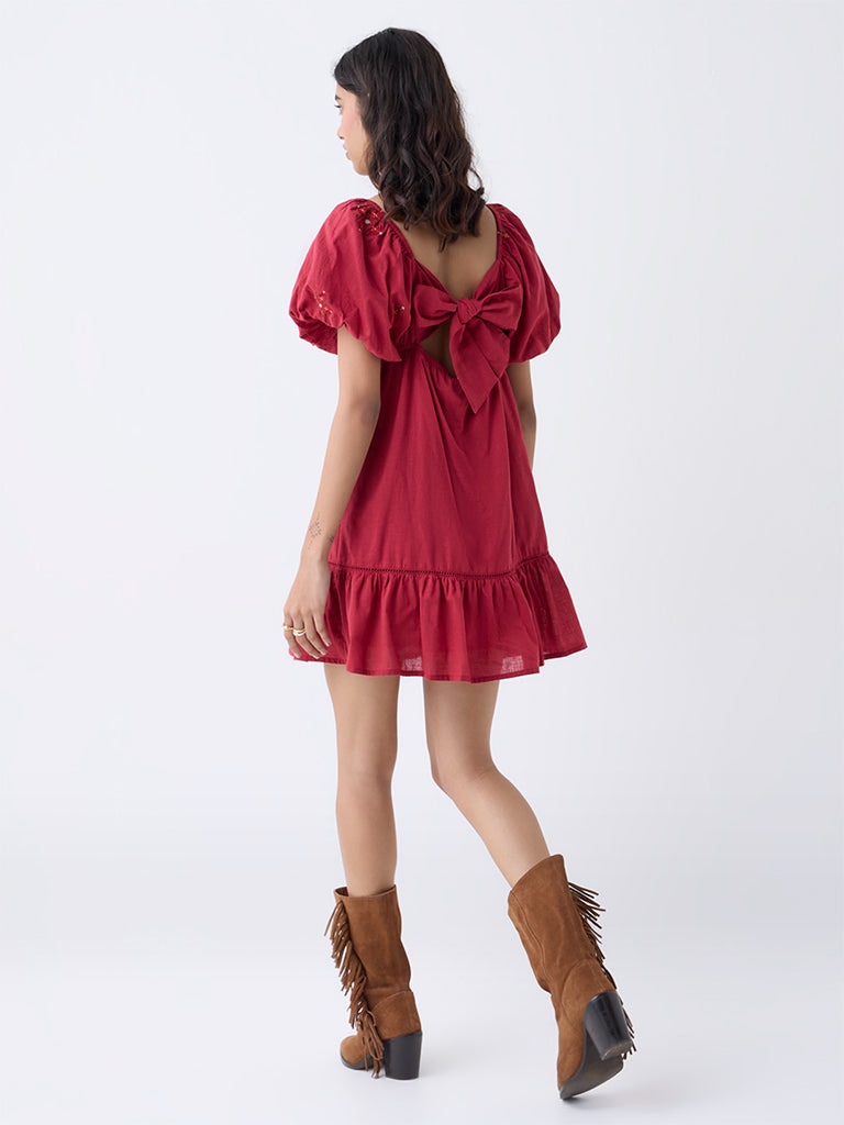 Bombay Paisley Maroon Embroidered Cotton A-Line Dress