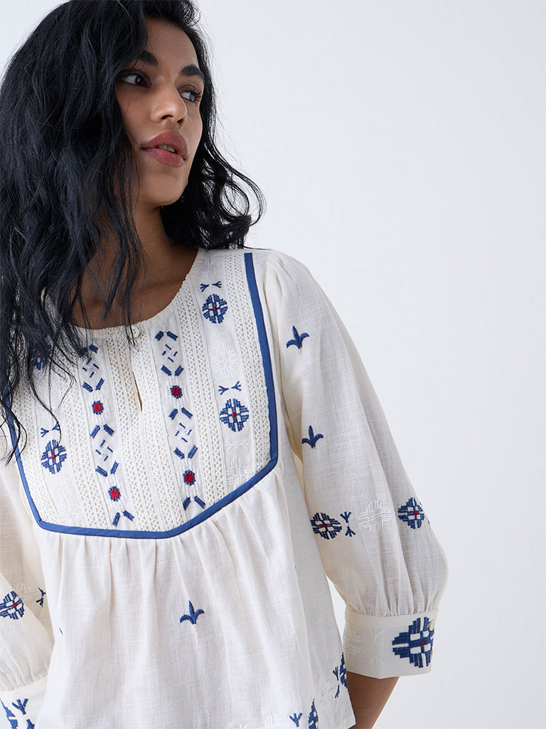 Bombay Paisley Off-White Embroidered Cotton Top