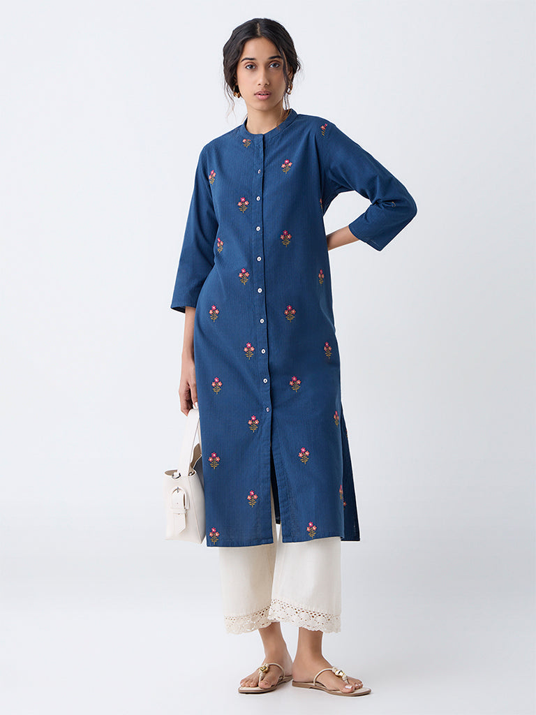 Utsa Blue Floral Embroidered A-Line Cotton Kurta