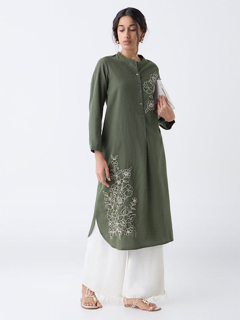 Utsa Olive Floral Embroidered A-Line Kurta