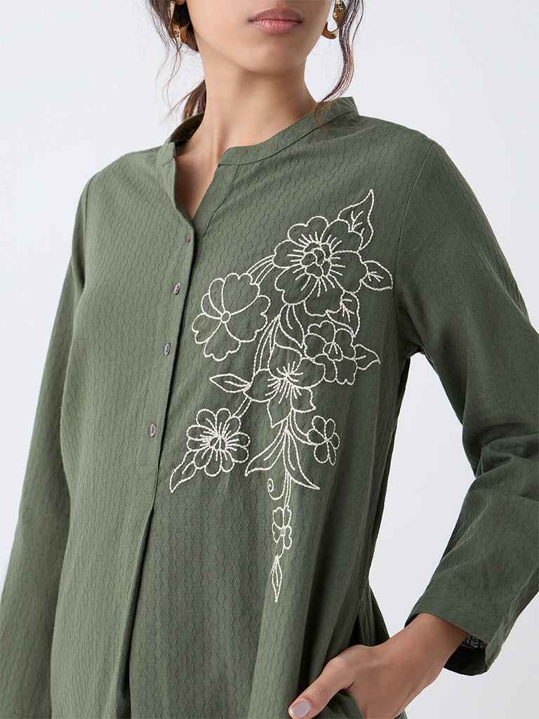 Utsa Olive Floral Embroidered A-Line Kurta