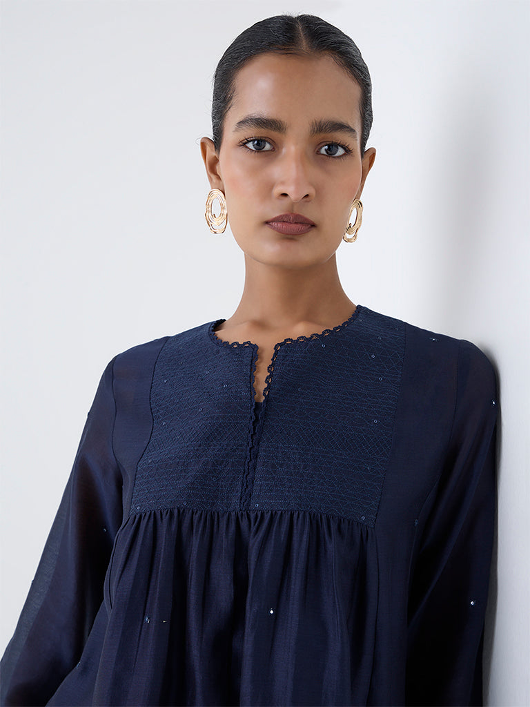 Zuba Indigo Mirror Embroidered Cotton-Blend Tunic with Inner