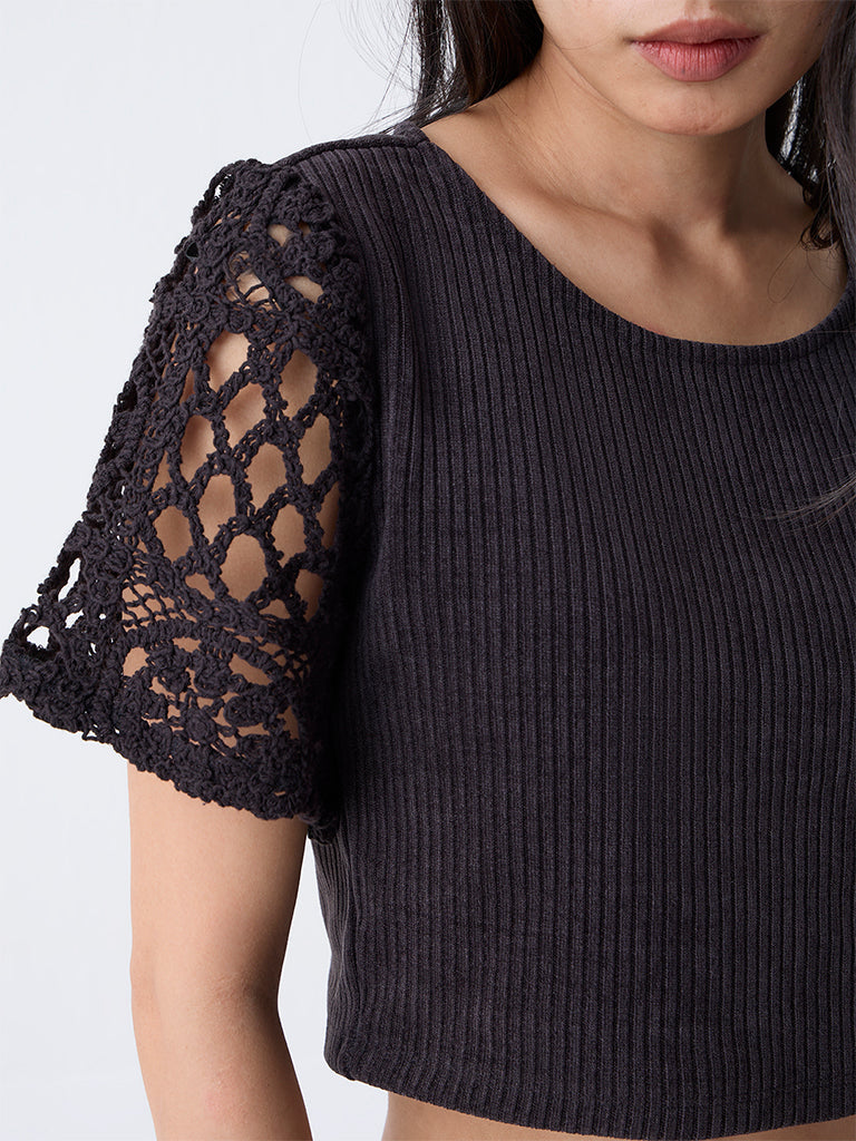 LOV Black Crochet-Detailed Ribbed Top