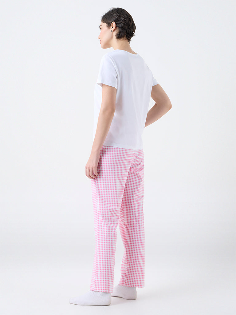 Wunderlove Pink Checkered Cotton T-Shirt and Pyjamas Set