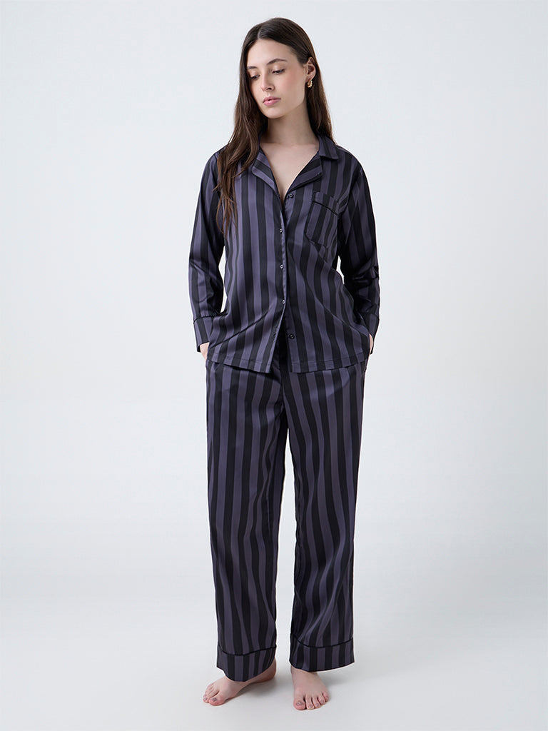 Wunderlove Dark Grey Striped Satin Shirt and Pyjamas Set