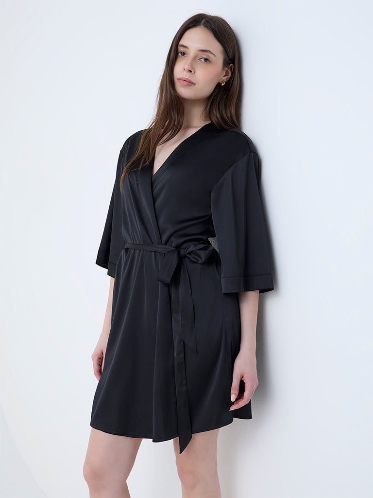 Wunderlove Black Satin Robe with Belt
