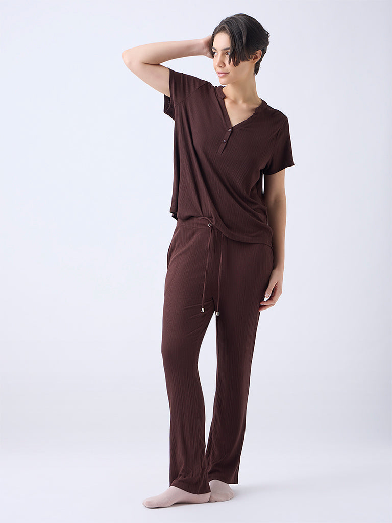 Wunderlove Dark Brown Ribbed-Textured High-Rise Pants