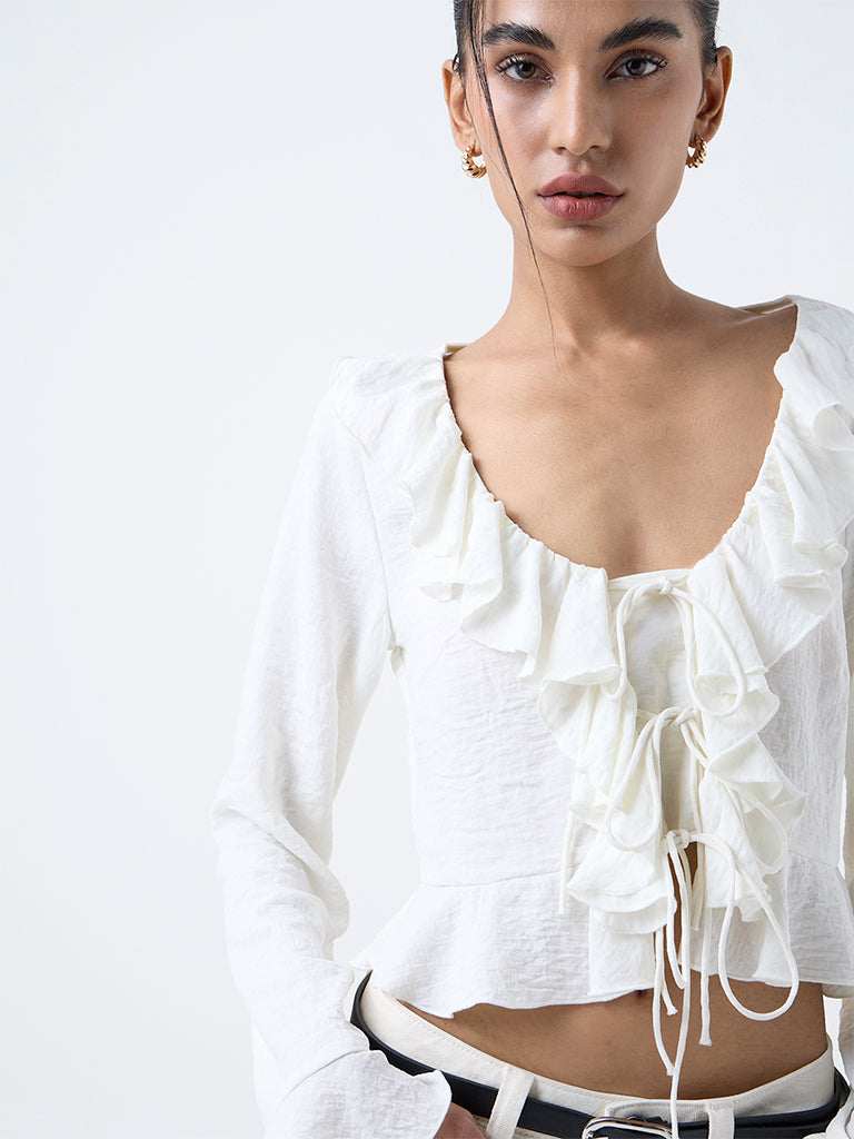Nuon Off-White Ruffled Tie-Up Blouse