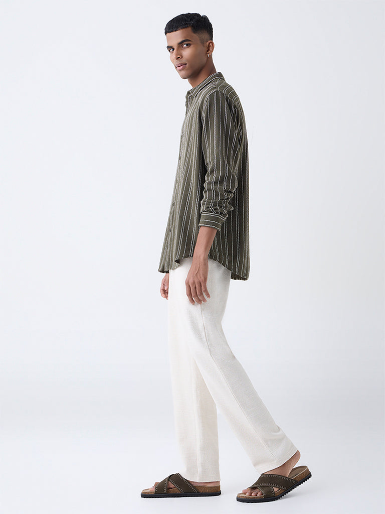 ETA Olive Striped Relaxed-Fit Cotton Shirt