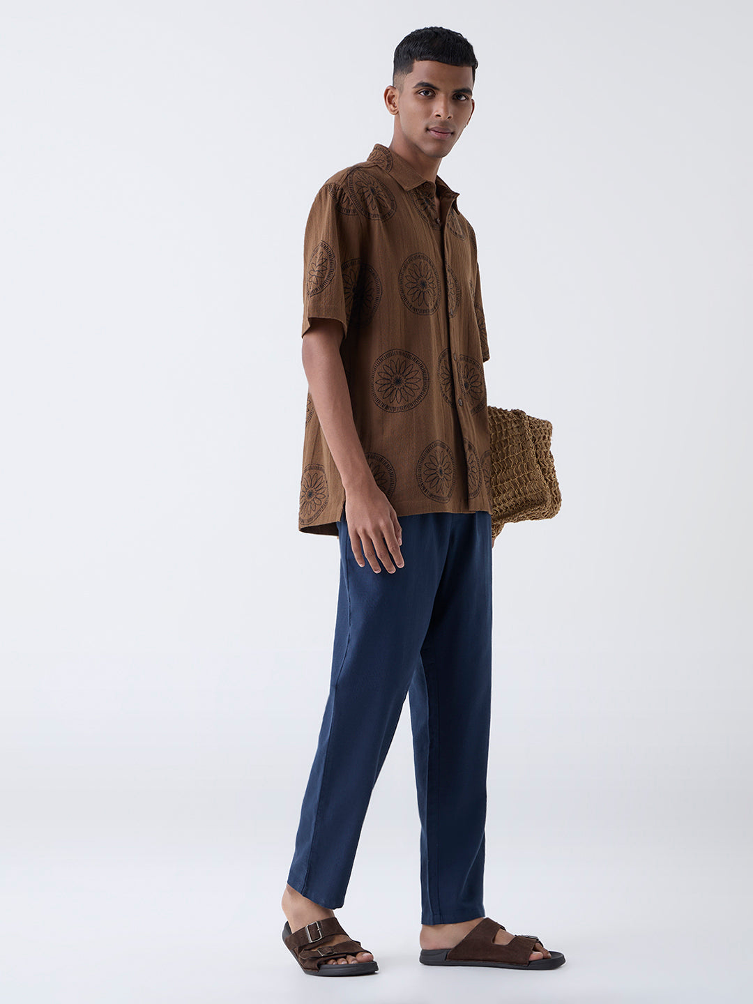 ETA Brown Floral Relaxed-Fit Cotton Shirt