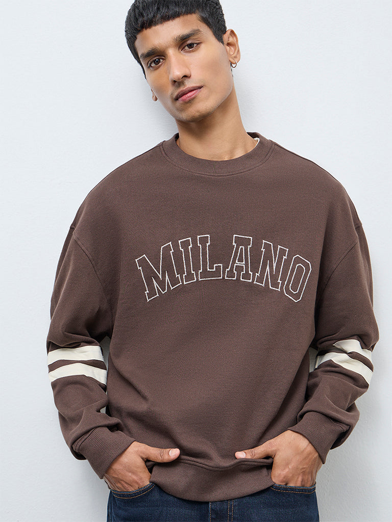 Nuon Dark Brown Text Design Cotton Sweatshirt