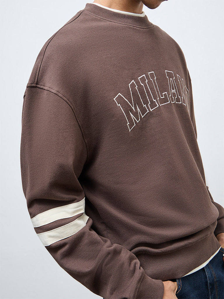 Nuon Dark Brown Text Design Cotton Sweatshirt