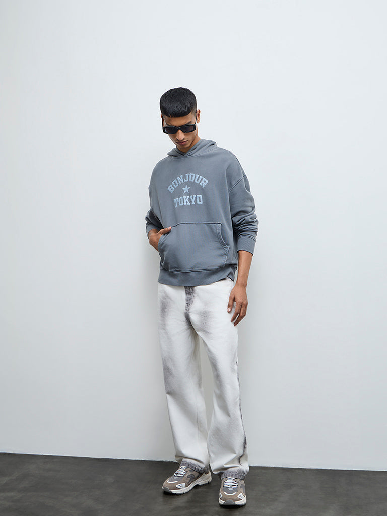 Nuon Grey Text Design Relaxed-Fit Cotton Hoodie