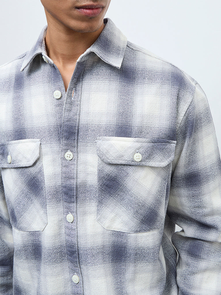Nuon Grey Checkered Relaxed-Fit Cotton Shirt
