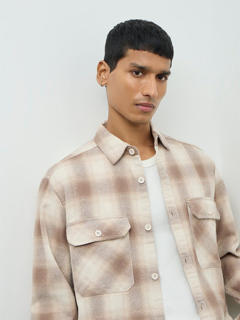 Nuon Off-White Checks Printed Relaxed-Fit Cotton Shirt
