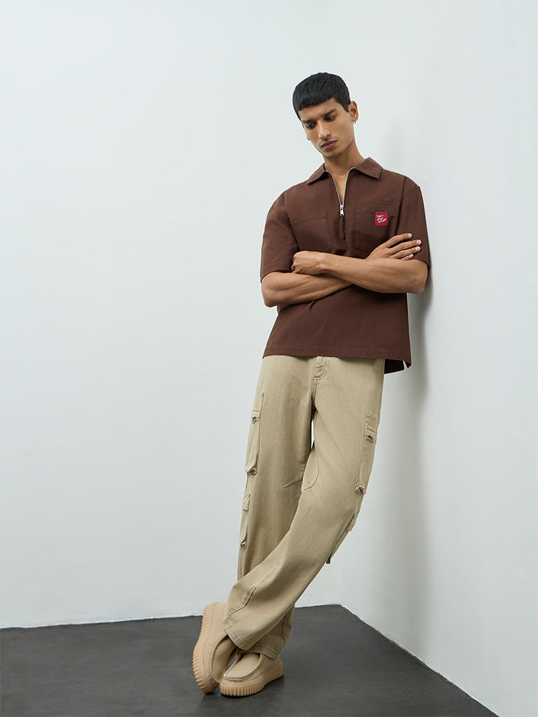 Nuon Brown Relaxed-Fit Cotton Quarter-Zip T-Shirt
