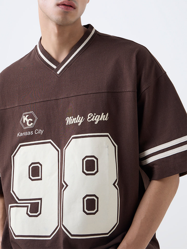 Nuon Dark Brown Printed Relaxed-Fit Cotton T-Shirt