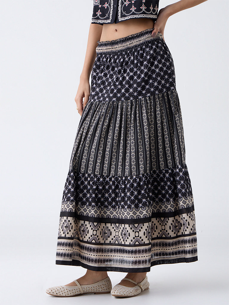 Bombay Paisley Black Printed Tiered Cotton Skirt