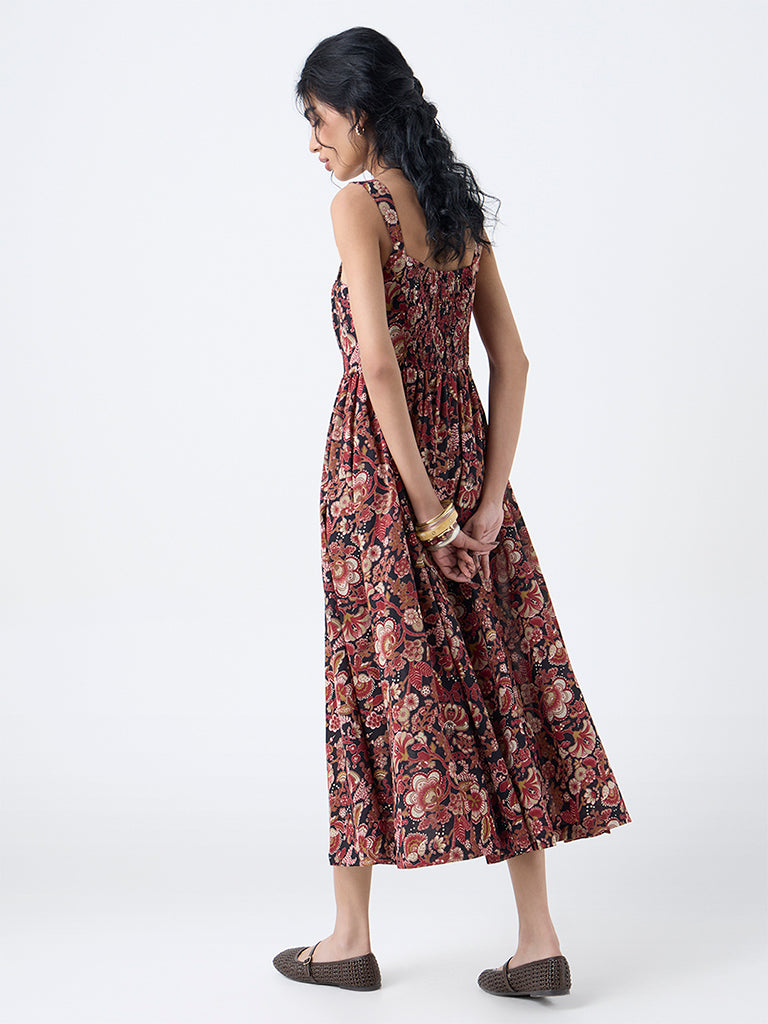 Bombay Paisley Maroon Floral Cotton A-Line Dress