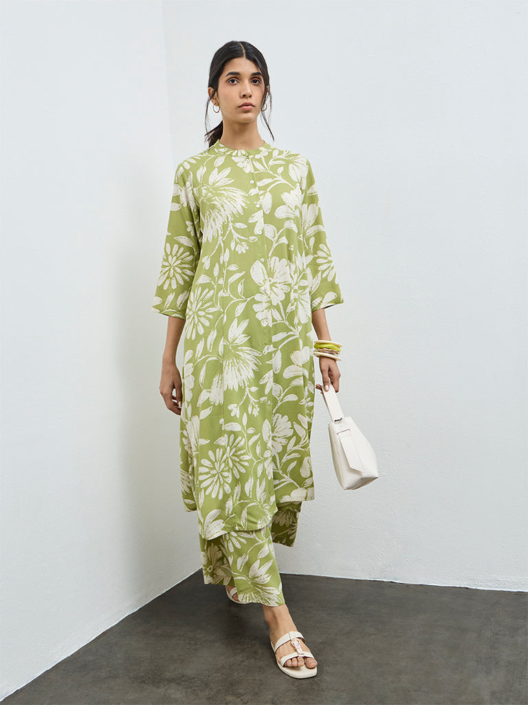 Utsa Green Floral A-Line Kurta