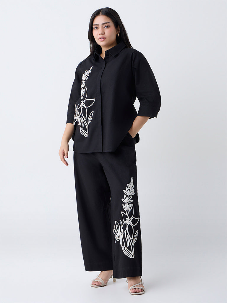 Gia Black Floral Embroidered Linen-Blend Shirt