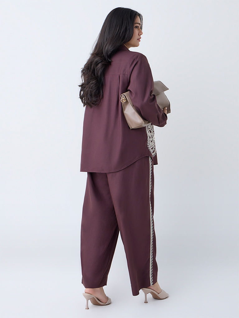 Gia Dark Brown Embroidered High-Rise Pants