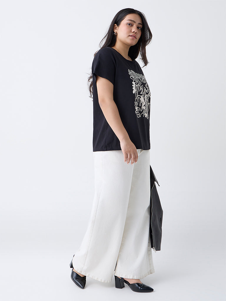 Gia Black Foliage Design Cotton T-Shirt