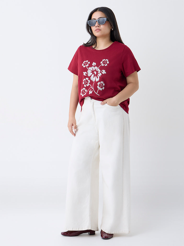 Gia Red Floral Design Cotton T-Shirt