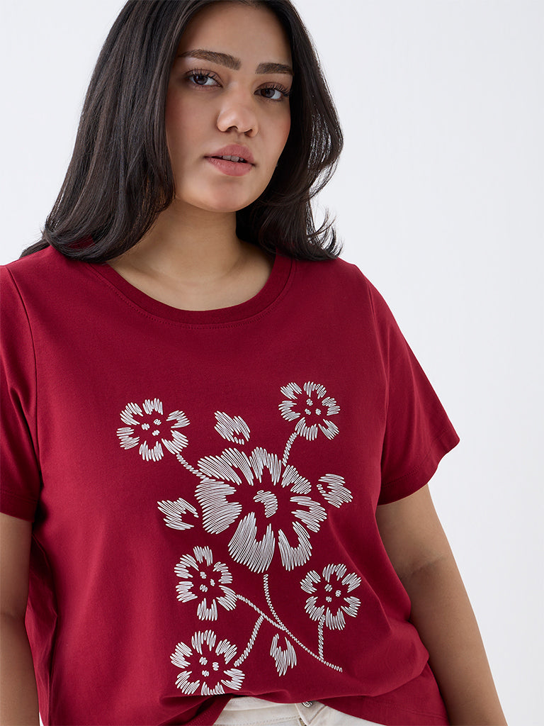 Gia Red Floral Design Cotton T-Shirt