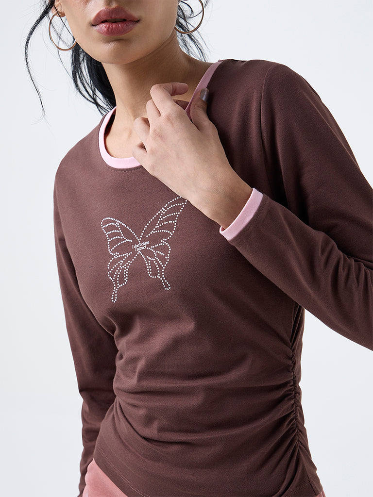 Nuon Brown Butterfly-Detail Cotton-Blend Mesh Top